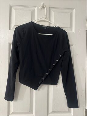 Harper Black Long-Sleeve Asymmetrical Eyelet Top